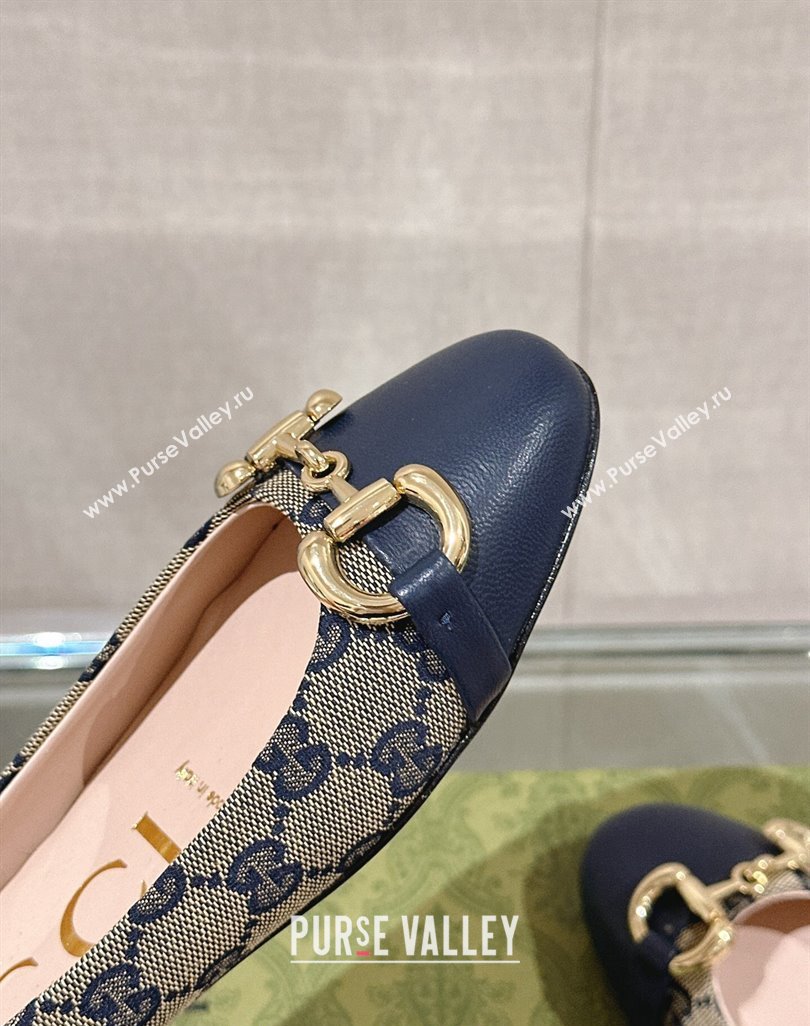Gucci Horsebit Flat Ballet in GG Canvas and Leather Dark Blue 2024 0427 (KL-240427074)