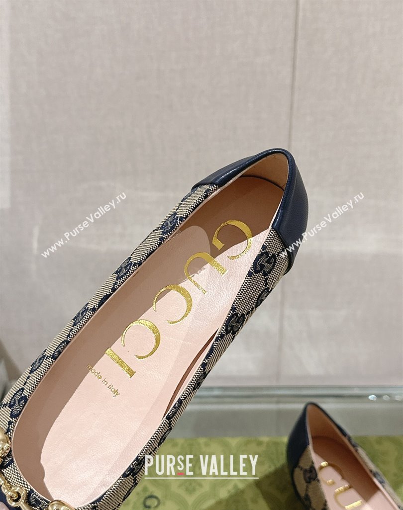 Gucci Horsebit Flat Ballet in GG Canvas and Leather Dark Blue 2024 0427 (KL-240427074)