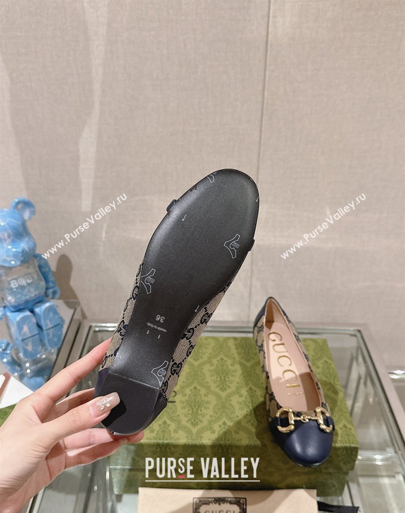Gucci Horsebit Flat Ballet in GG Canvas and Leather Dark Blue 2024 0427 (KL-240427074)