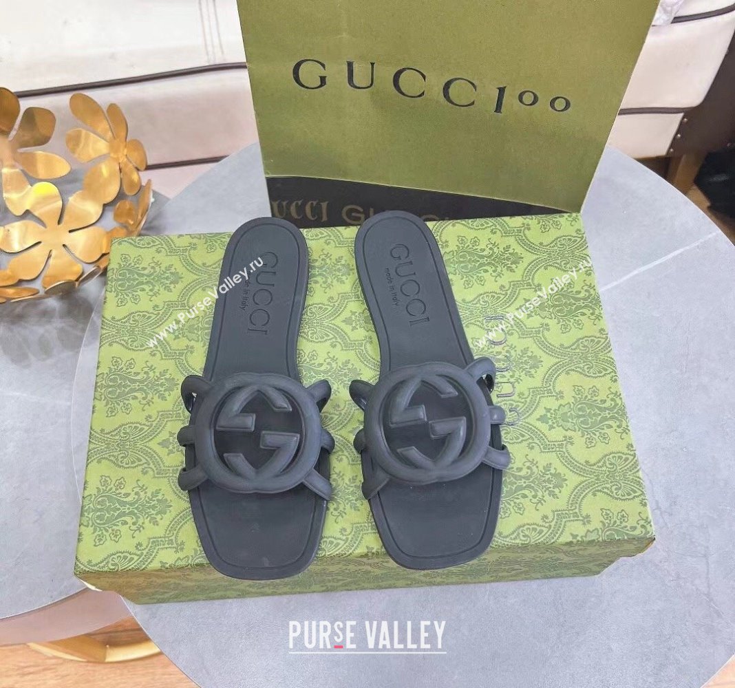 Gucci Rubber Interlocking G Flat Slide Sandals Black 2024 0427 (KL-240427076)