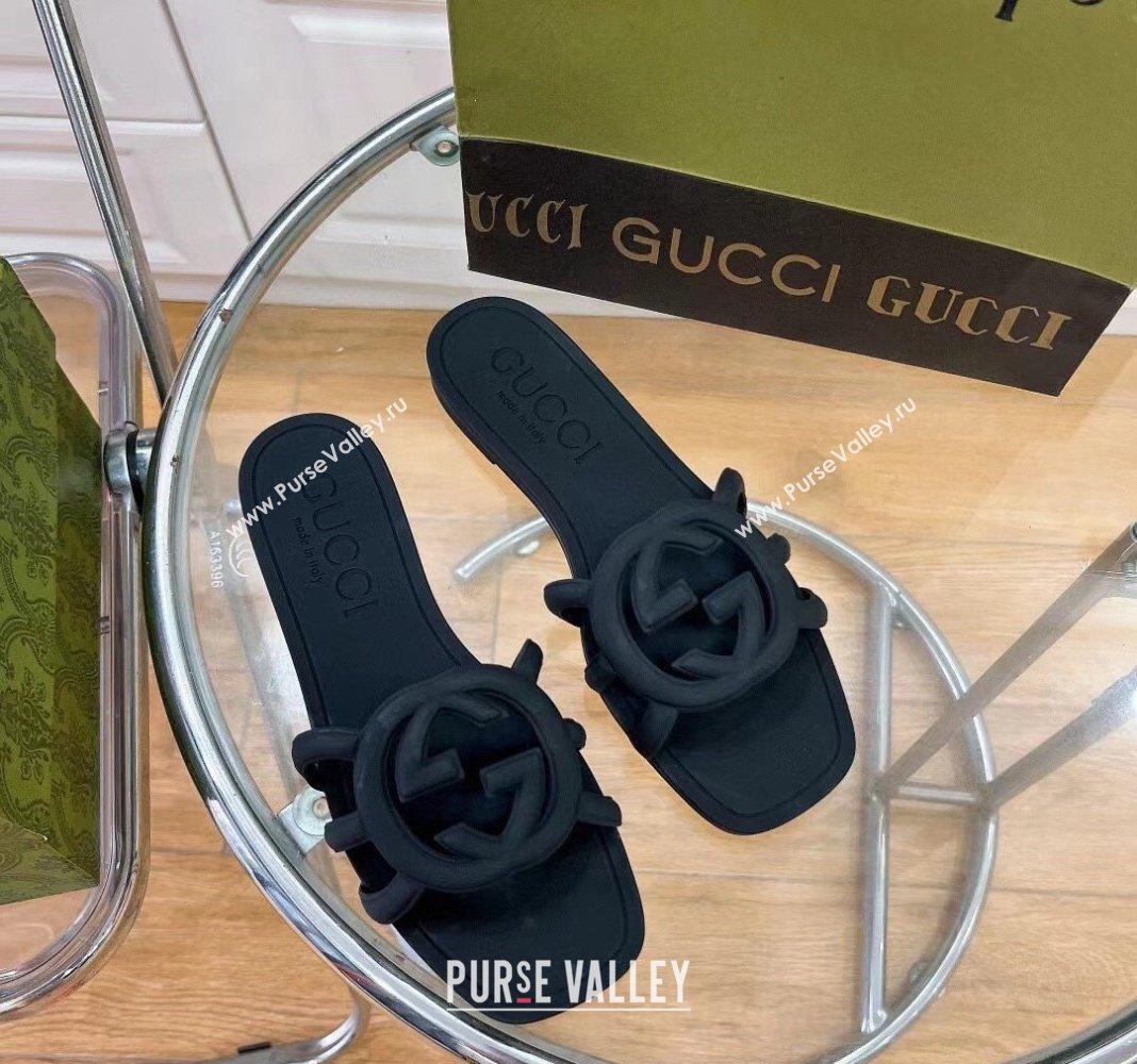 Gucci Rubber Interlocking G Flat Slide Sandals Black 2024 0427 (KL-240427076)