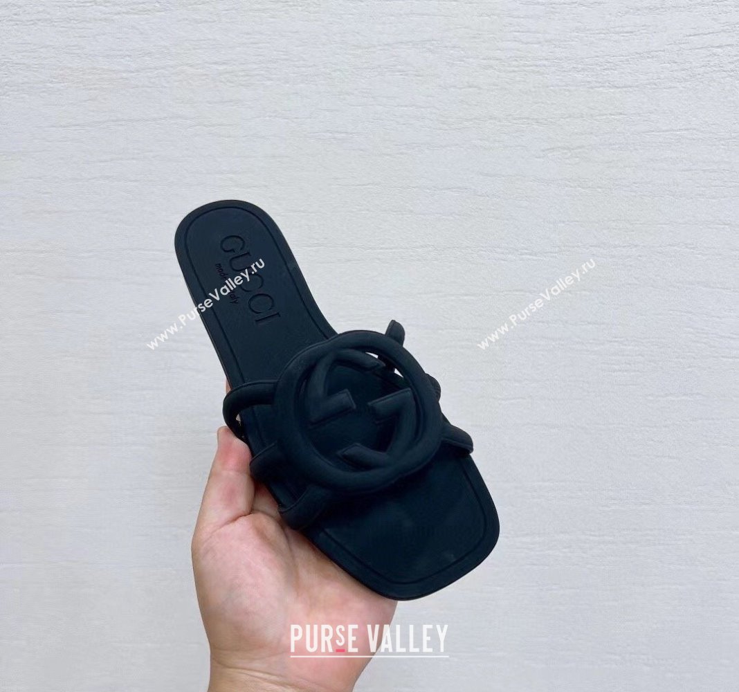Gucci Rubber Interlocking G Flat Slide Sandals Black 2024 0427 (KL-240427076)
