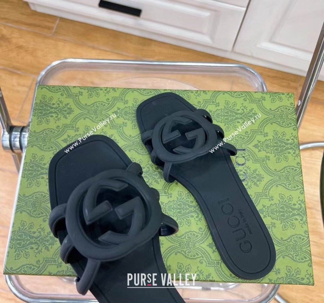 Gucci Rubber Interlocking G Flat Slide Sandals Black 2024 0427 (KL-240427076)