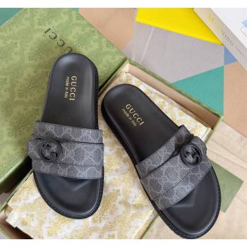 Gucci Mens GG Canvas Flat Slide Sandals with Buckle Black 2024 0427 (KL-240427085)