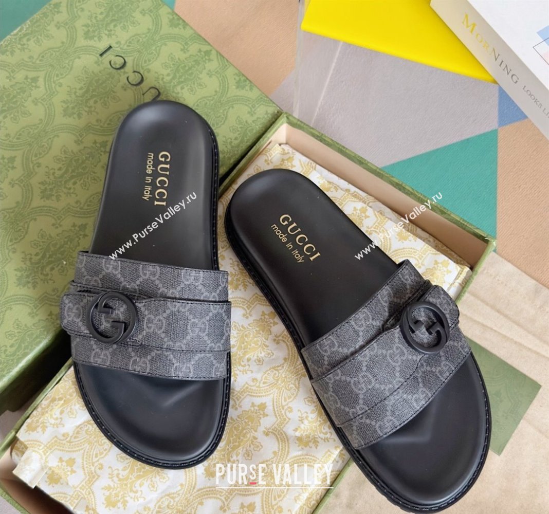 Gucci Mens GG Canvas Flat Slide Sandals with Buckle Black 2024 0427 (KL-240427085)