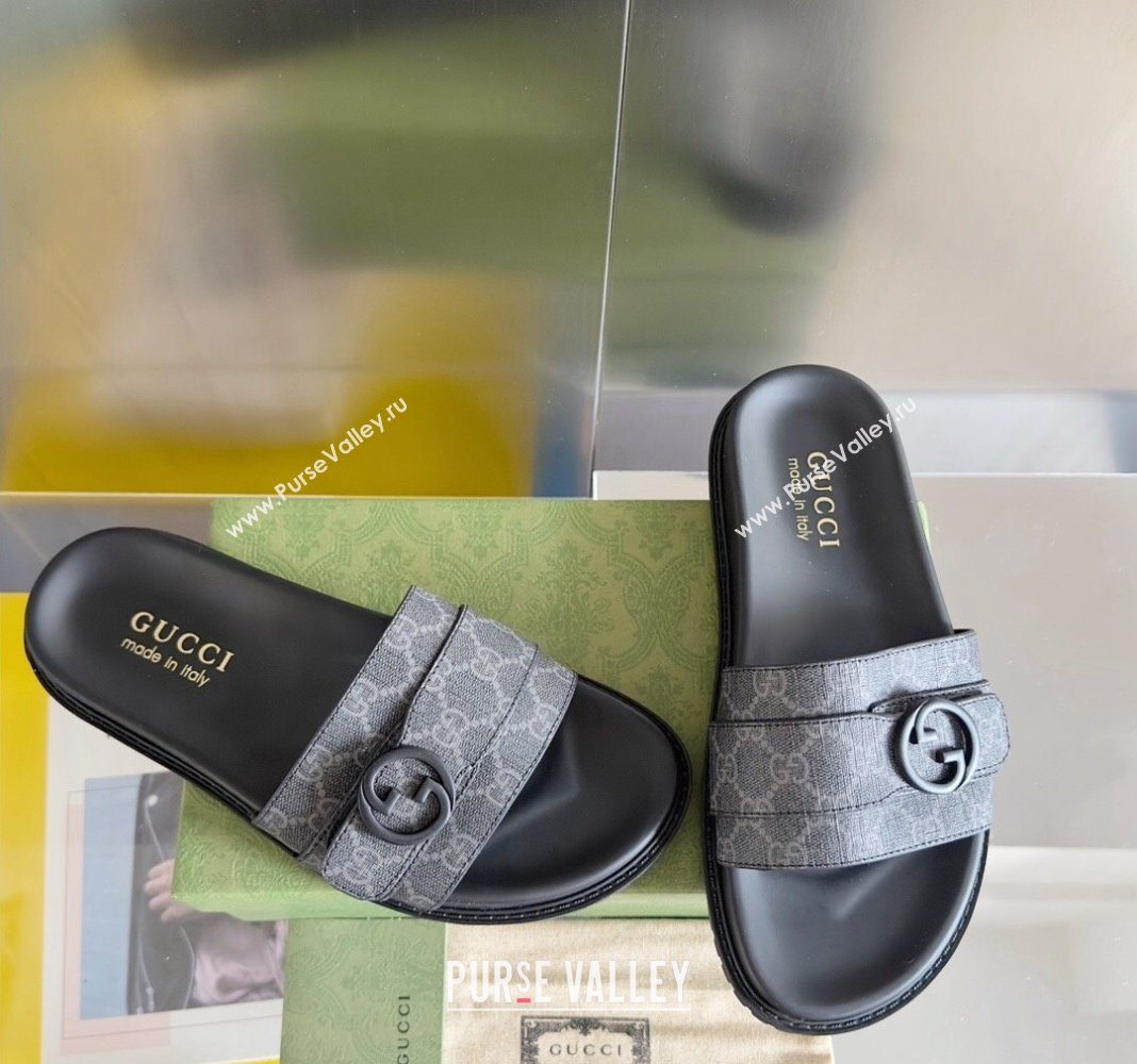 Gucci Mens GG Canvas Flat Slide Sandals with Buckle Black 2024 0427 (KL-240427085)