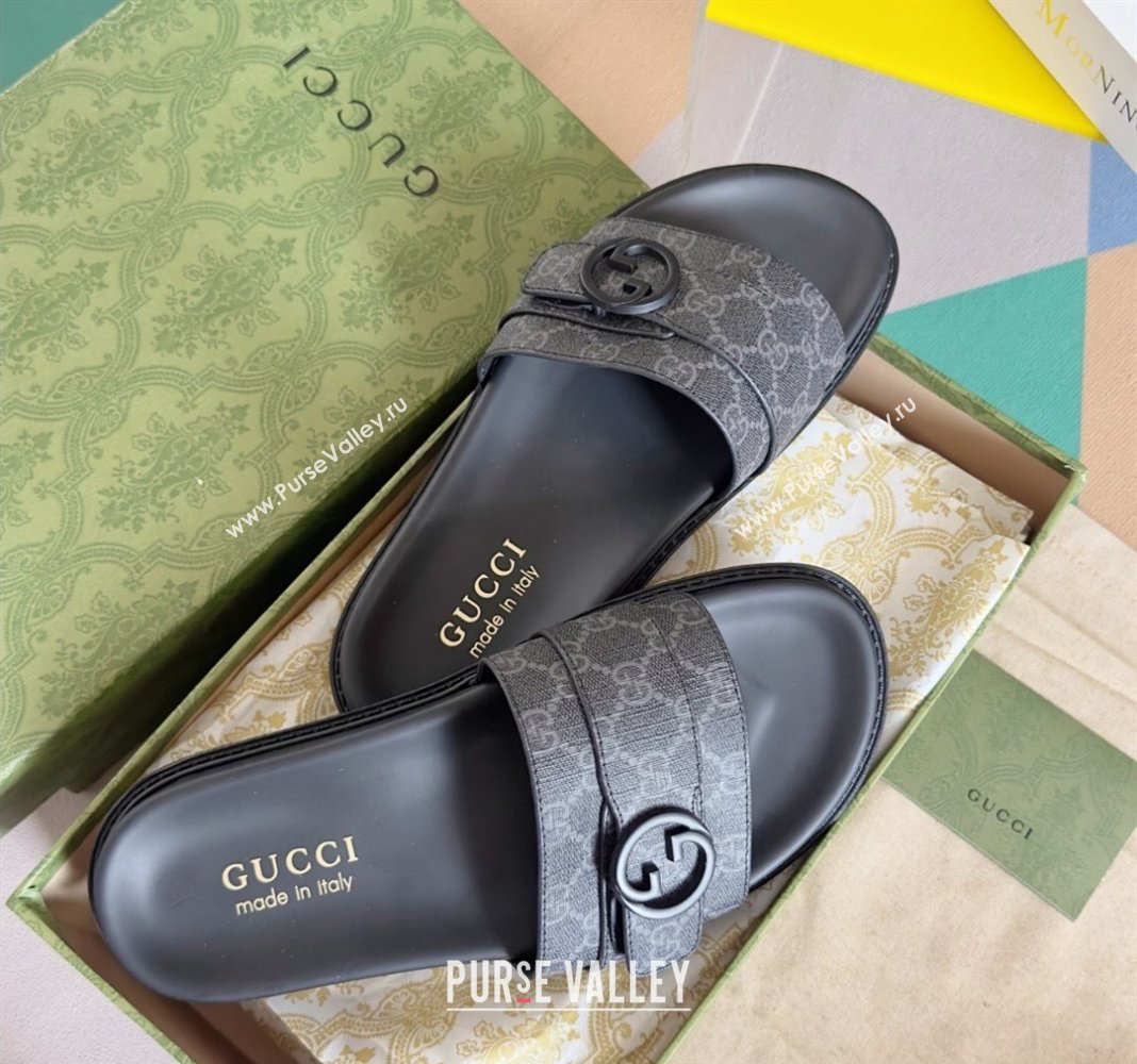 Gucci Mens GG Canvas Flat Slide Sandals with Buckle Black 2024 0427 (KL-240427085)