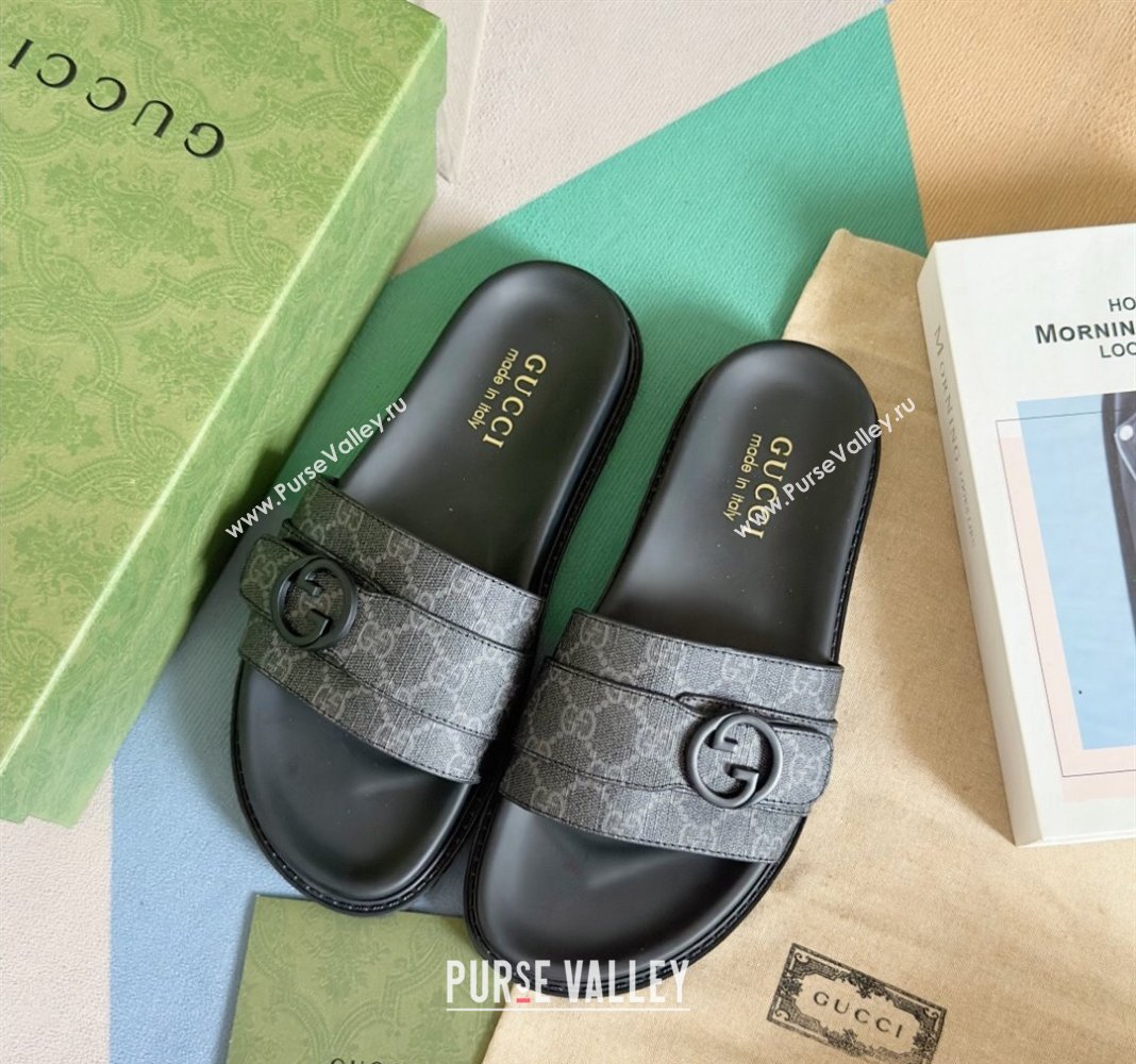 Gucci Mens GG Canvas Flat Slide Sandals with Buckle Black 2024 0427 (KL-240427085)