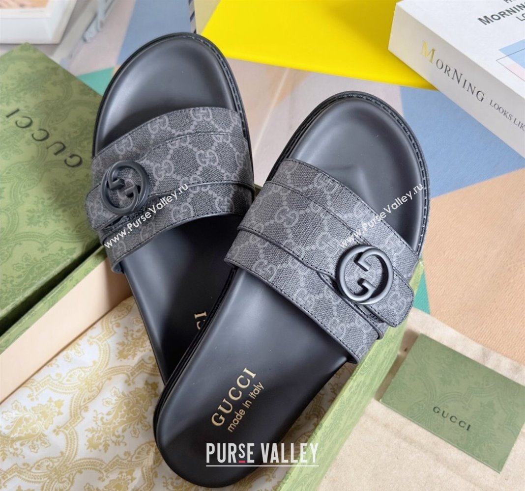 Gucci Mens GG Canvas Flat Slide Sandals with Buckle Black 2024 0427 (KL-240427085)