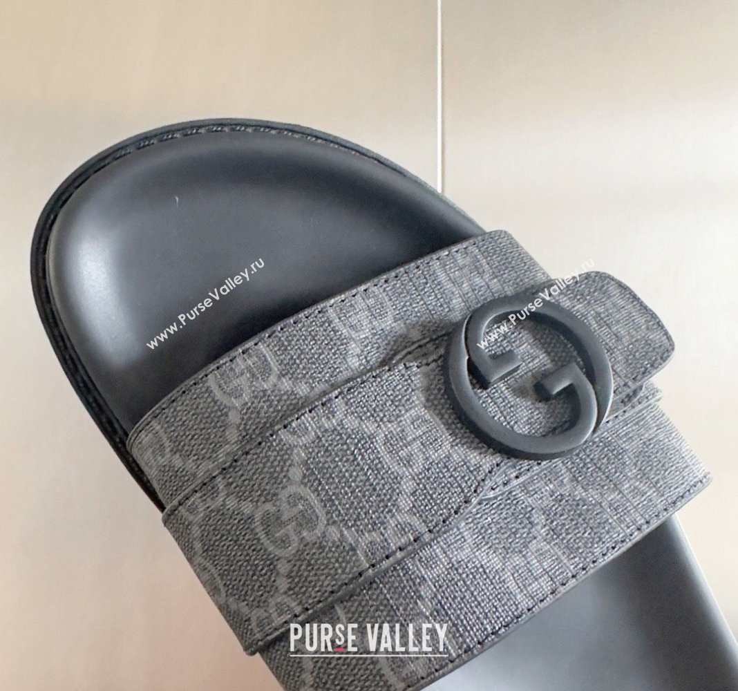 Gucci Mens GG Canvas Flat Slide Sandals with Buckle Black 2024 0427 (KL-240427085)