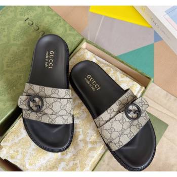 Gucci Mens GG Canvas Flat Slide Sandals with Buckle Beige 2024 0427 (KL-240427086)