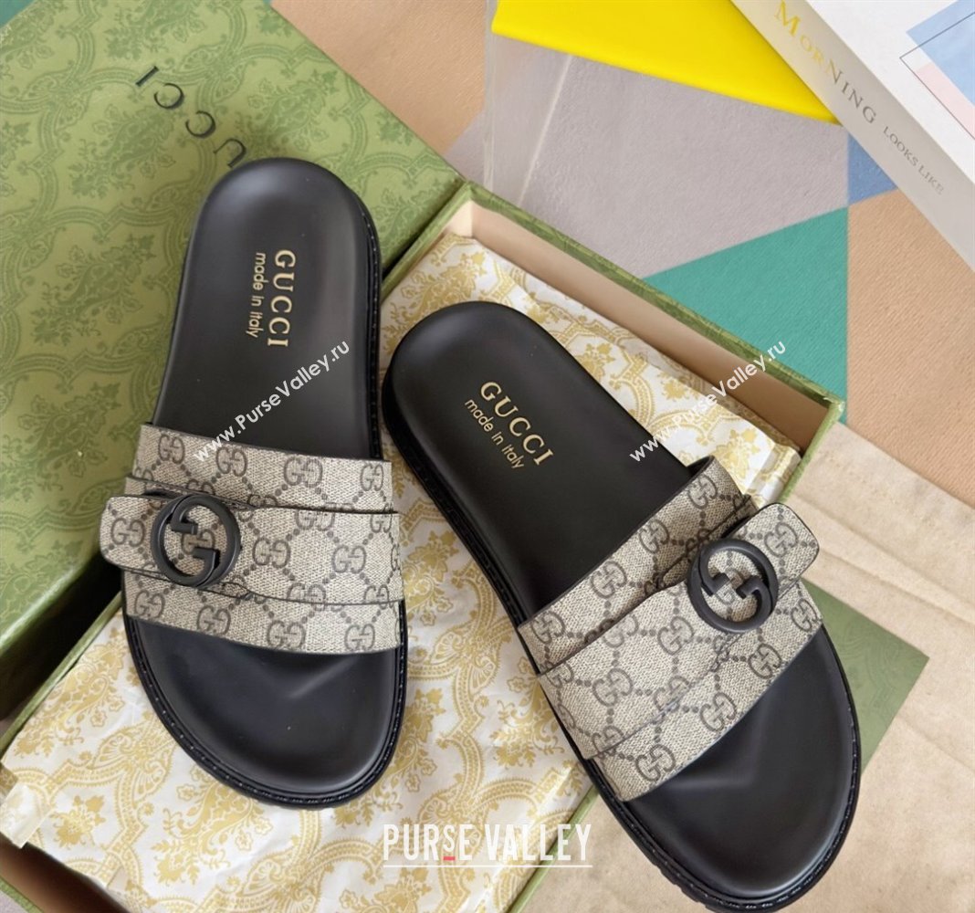 Gucci Mens GG Canvas Flat Slide Sandals with Buckle Beige 2024 0427 (KL-240427086)