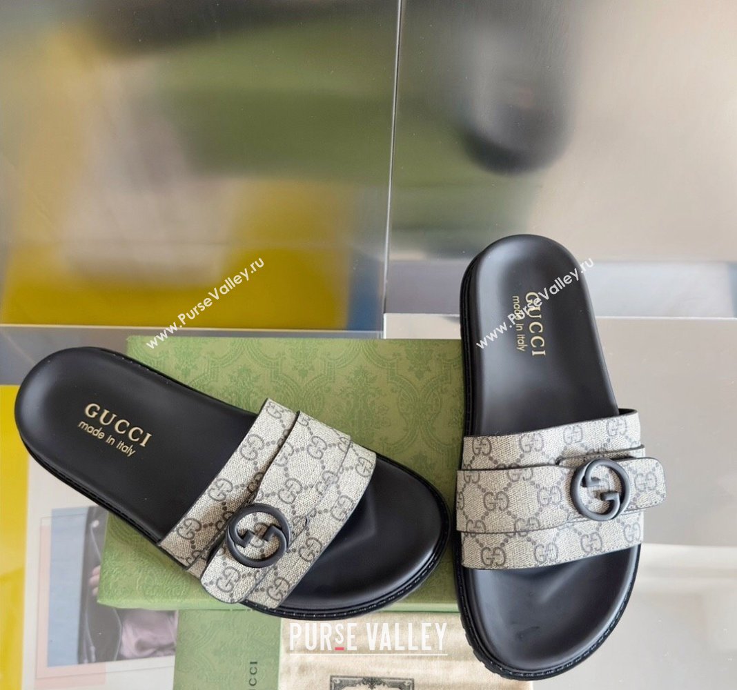 Gucci Mens GG Canvas Flat Slide Sandals with Buckle Beige 2024 0427 (KL-240427086)