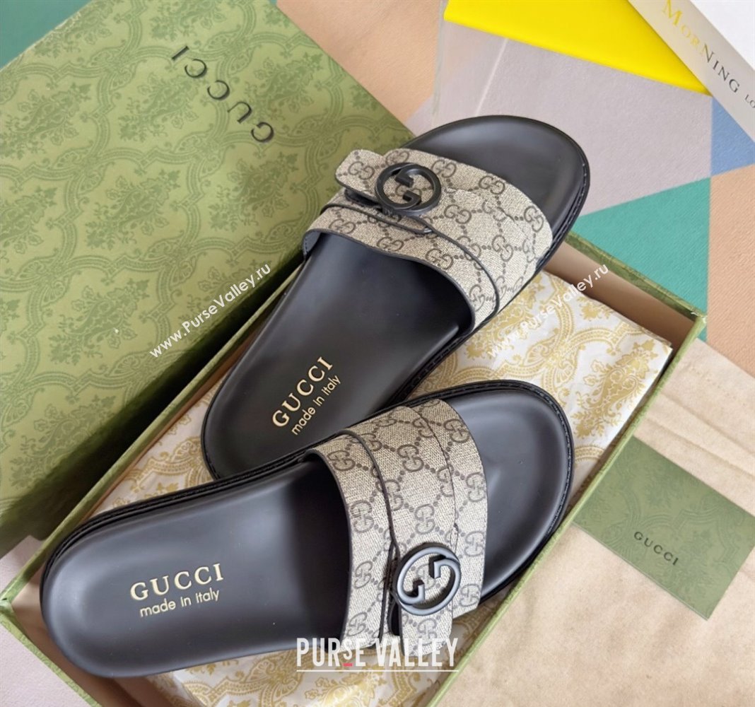 Gucci Mens GG Canvas Flat Slide Sandals with Buckle Beige 2024 0427 (KL-240427086)
