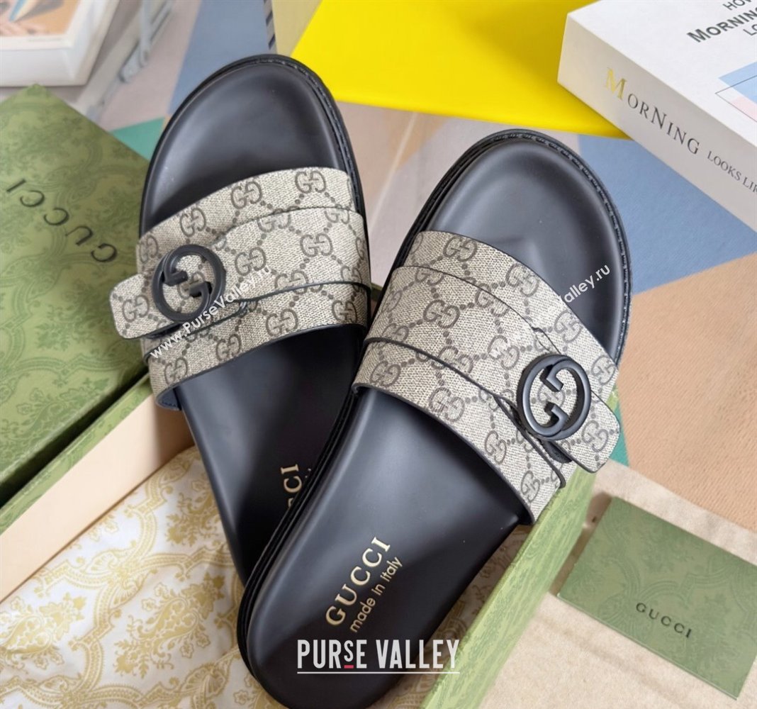 Gucci Mens GG Canvas Flat Slide Sandals with Buckle Beige 2024 0427 (KL-240427086)