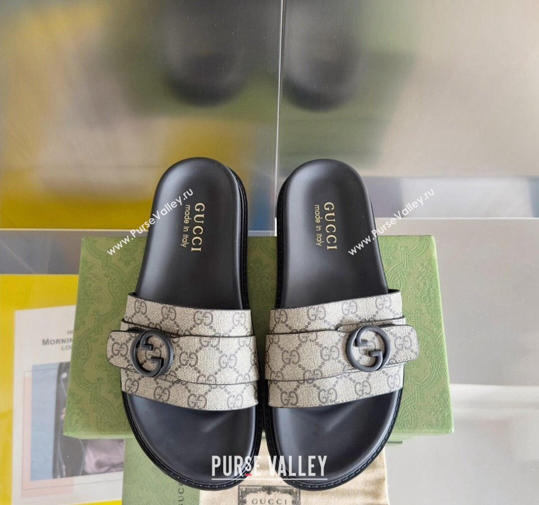 Gucci Mens GG Canvas Flat Slide Sandals with Buckle Beige 2024 0427 (KL-240427086)