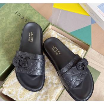 Gucci Mens GG Leather Flat Slide Sandals with Buckle Black 2024 0427 (KL-240427087)