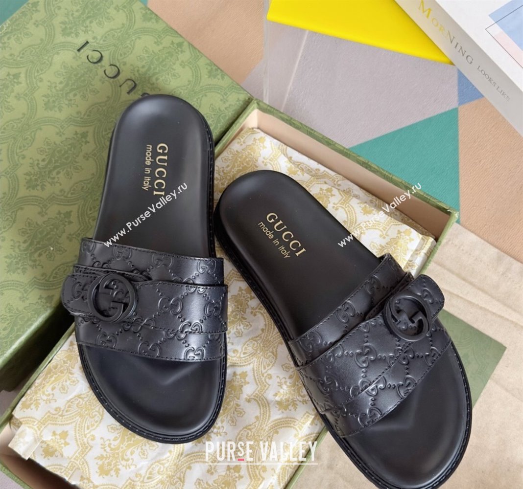 Gucci Mens GG Leather Flat Slide Sandals with Buckle Black 2024 0427 (KL-240427087)