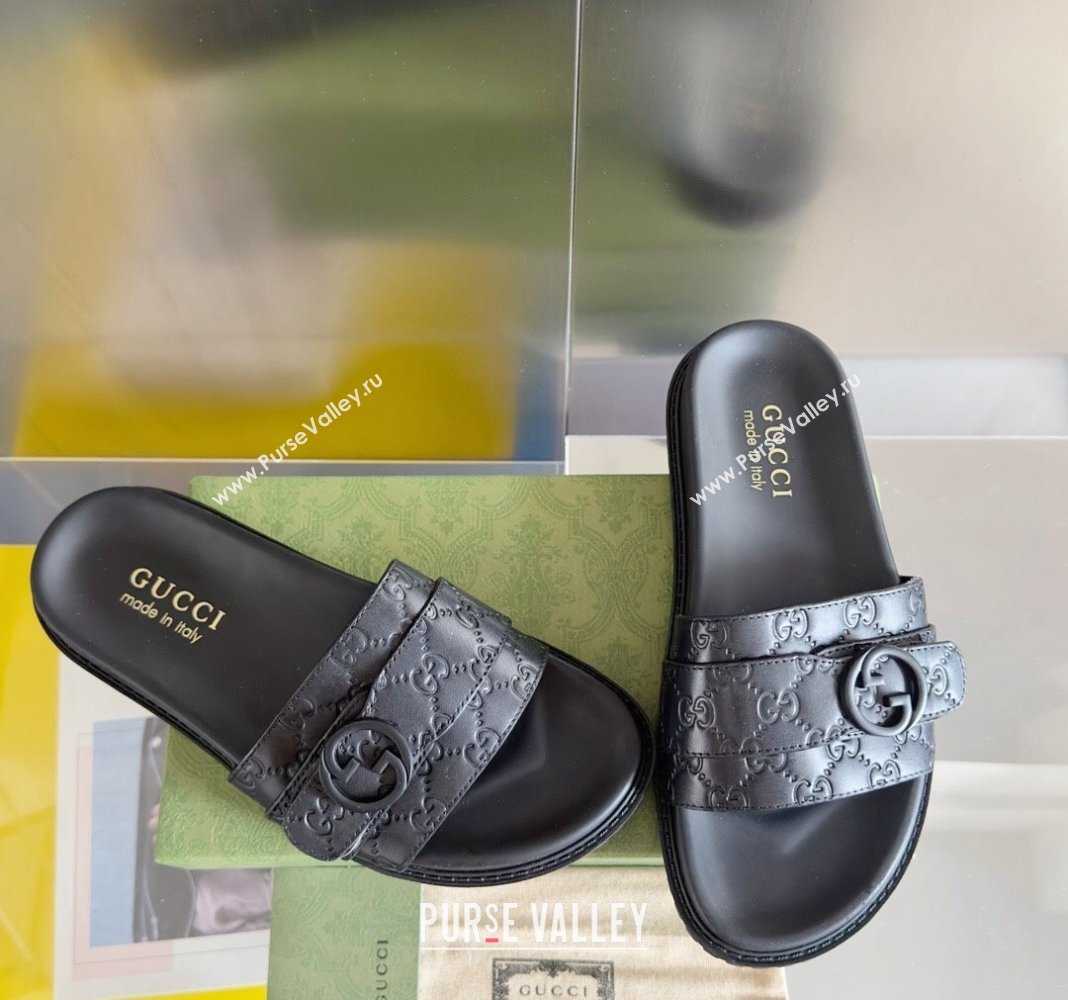 Gucci Mens GG Leather Flat Slide Sandals with Buckle Black 2024 0427 (KL-240427087)