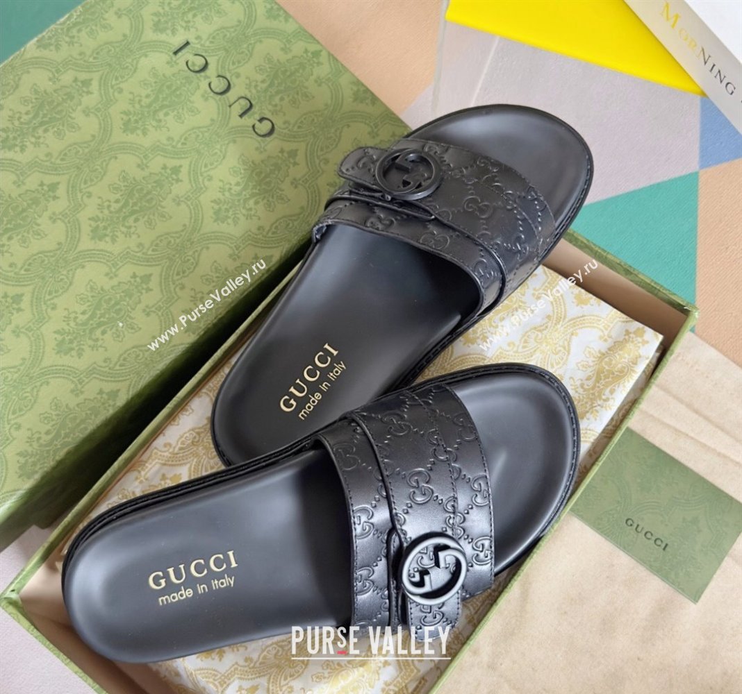 Gucci Mens GG Leather Flat Slide Sandals with Buckle Black 2024 0427 (KL-240427087)