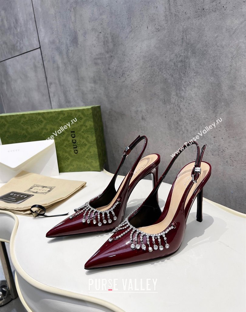 Gucci Patent Leather Slingback Pumps 10cm with Crystal Tassel Dark Burgundy 2024 0427 (MD-240427019)