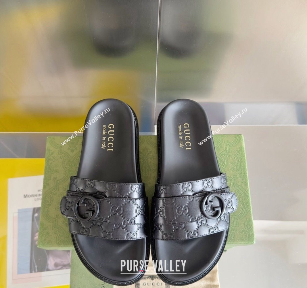Gucci Mens GG Leather Flat Slide Sandals with Buckle Black 2024 0427 (KL-240427087)