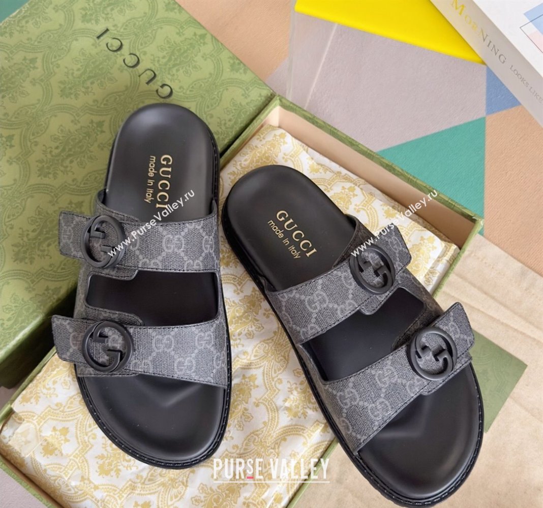 Gucci Mens GG Canvas Flat Slide Sandals Black 2024 042702 (KL-240427088)