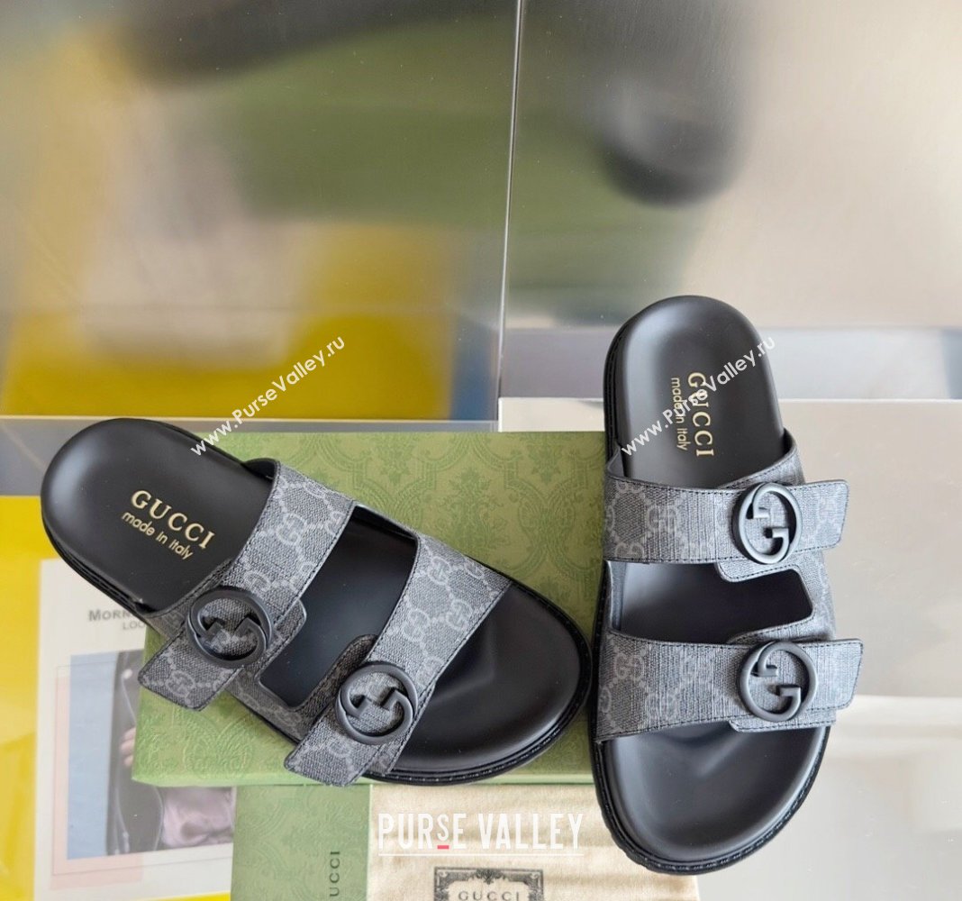 Gucci Mens GG Canvas Flat Slide Sandals Black 2024 042702 (KL-240427088)