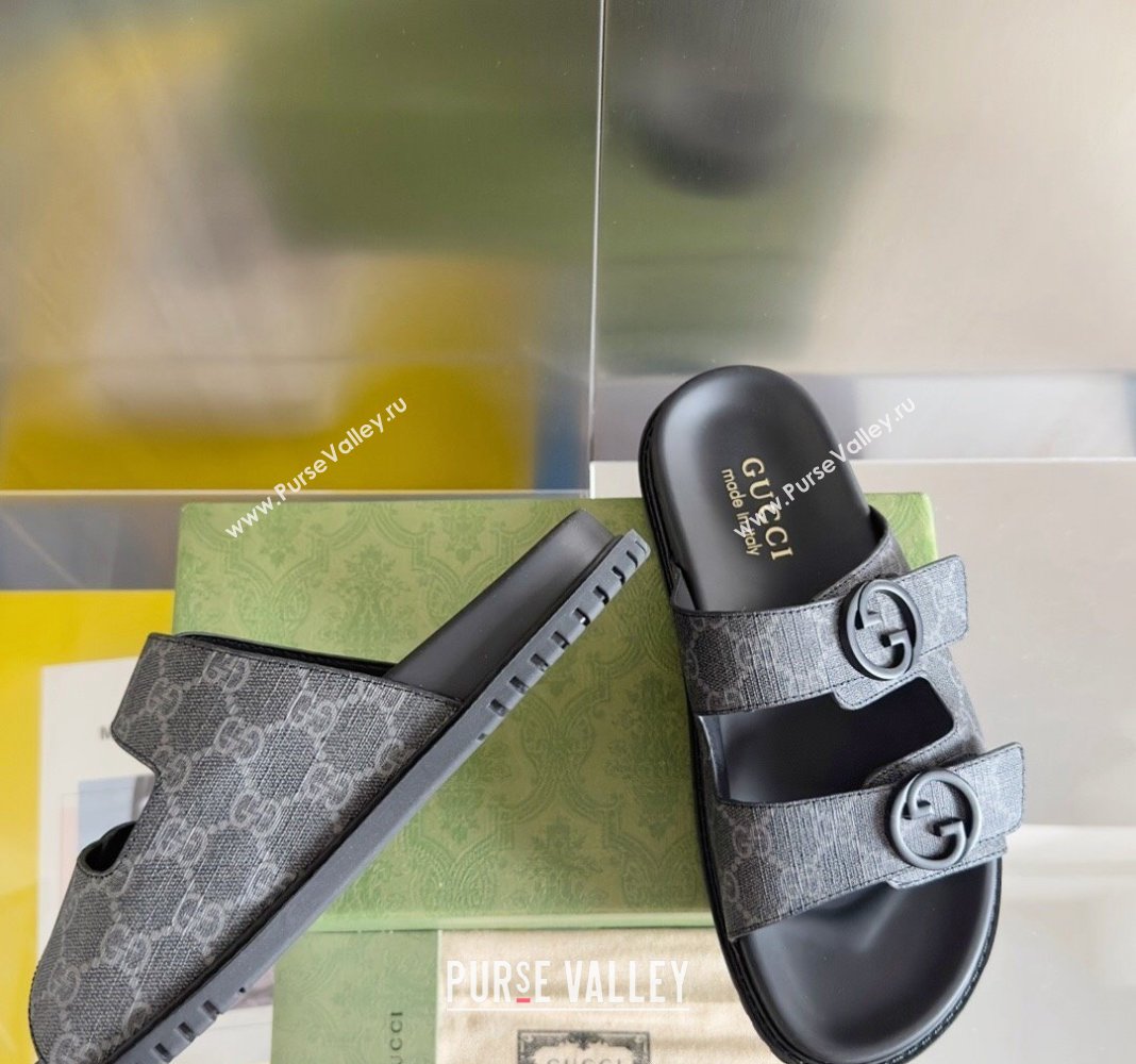 Gucci Mens GG Canvas Flat Slide Sandals Black 2024 042702 (KL-240427088)