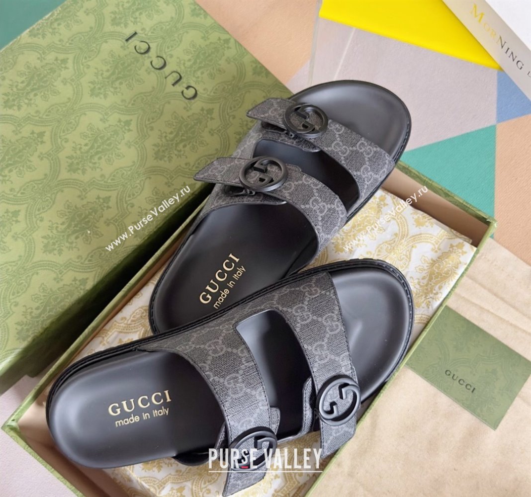 Gucci Mens GG Canvas Flat Slide Sandals Black 2024 042702 (KL-240427088)