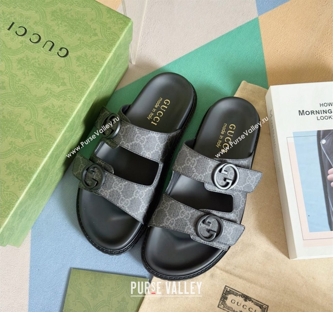 Gucci Mens GG Canvas Flat Slide Sandals Black 2024 042702 (KL-240427088)