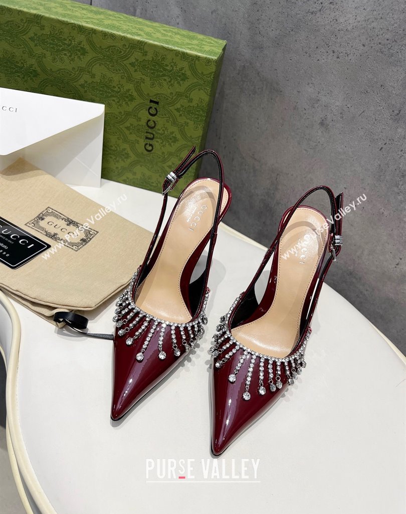 Gucci Patent Leather Slingback Pumps 10cm with Crystal Tassel Dark Burgundy 2024 0427 (MD-240427019)