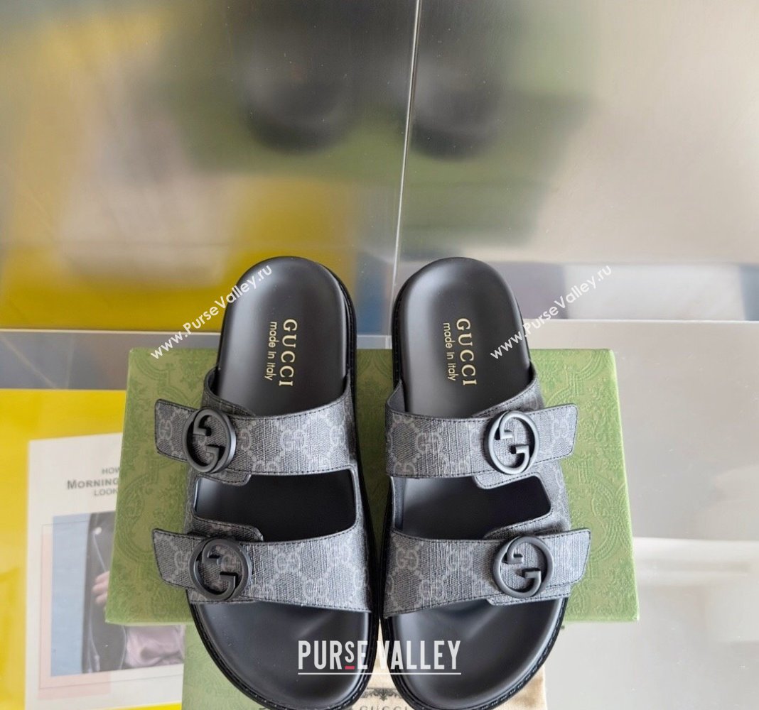 Gucci Mens GG Canvas Flat Slide Sandals Black 2024 042702 (KL-240427088)