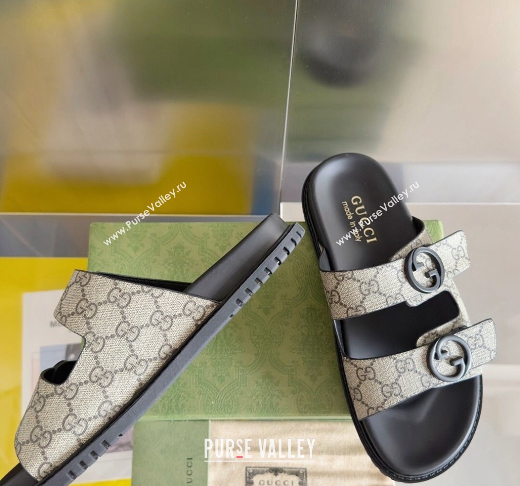 Gucci Mens GG Canvas Flat Slide Sandals Beige 2024 042702 (KL-240427089)