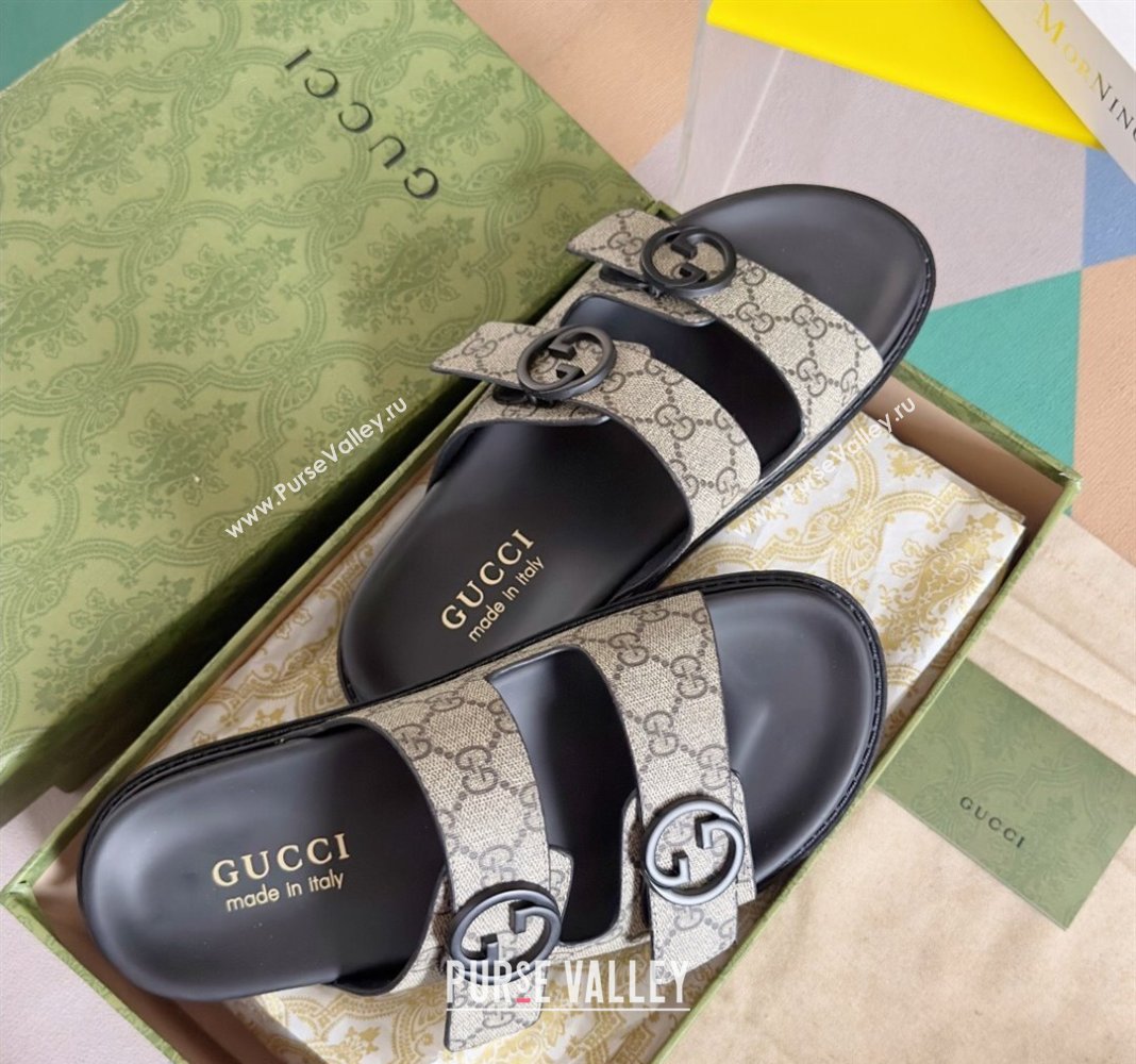 Gucci Mens GG Canvas Flat Slide Sandals Beige 2024 042702 (KL-240427089)