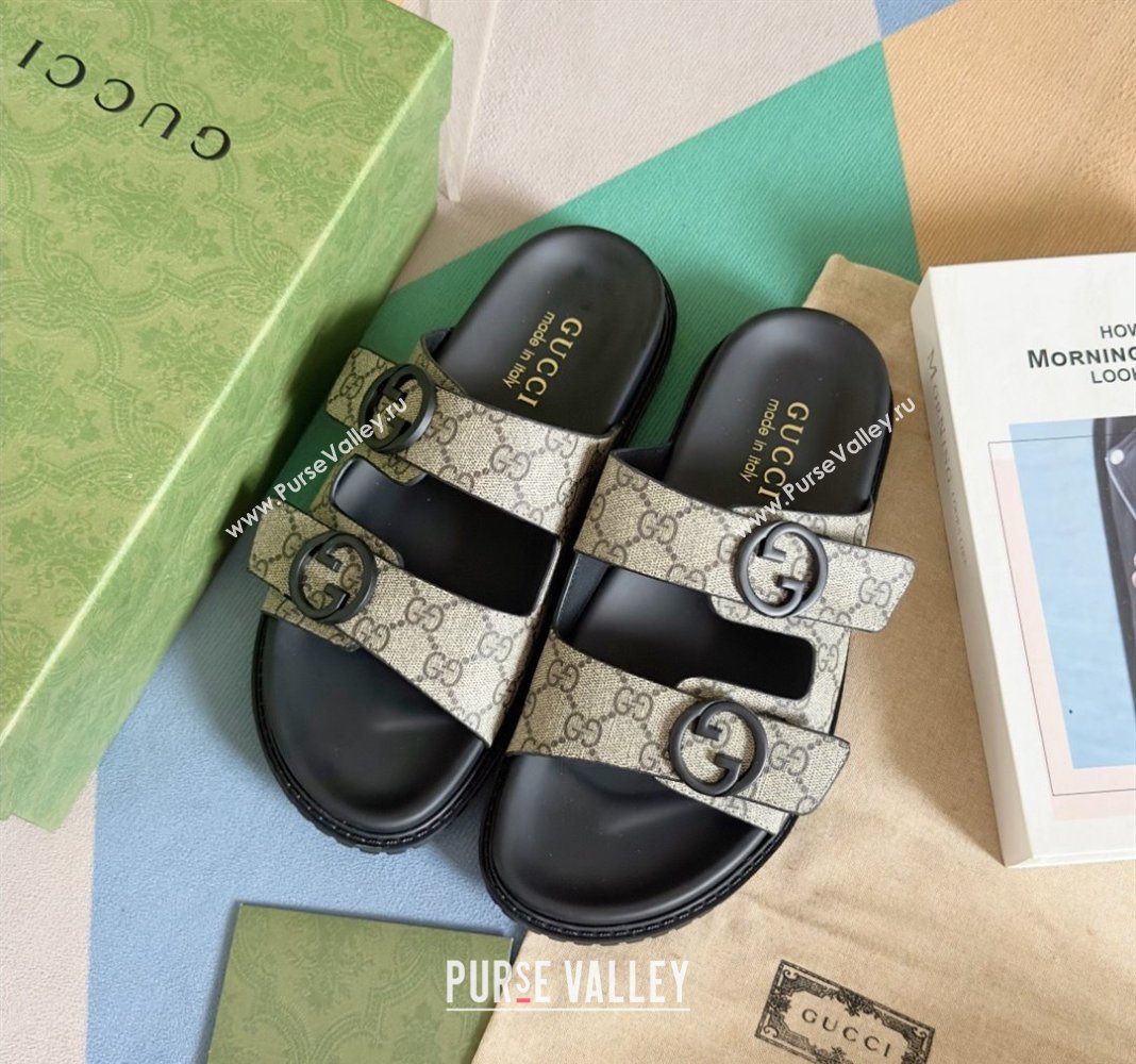 Gucci Mens GG Canvas Flat Slide Sandals Beige 2024 042702 (KL-240427089)