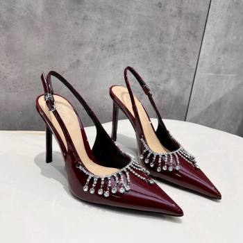 Gucci Patent Leather Slingback Pumps 10cm with Crystal Tassel Dark Burgundy 2024 0427 (MD-240427019)