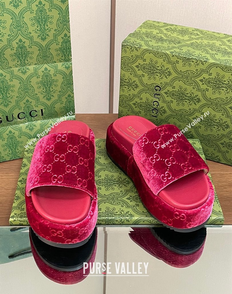 Gucci Platform Slide Sandals 5cm in GG Velvet Red 2024 0427 (MD-240427006)