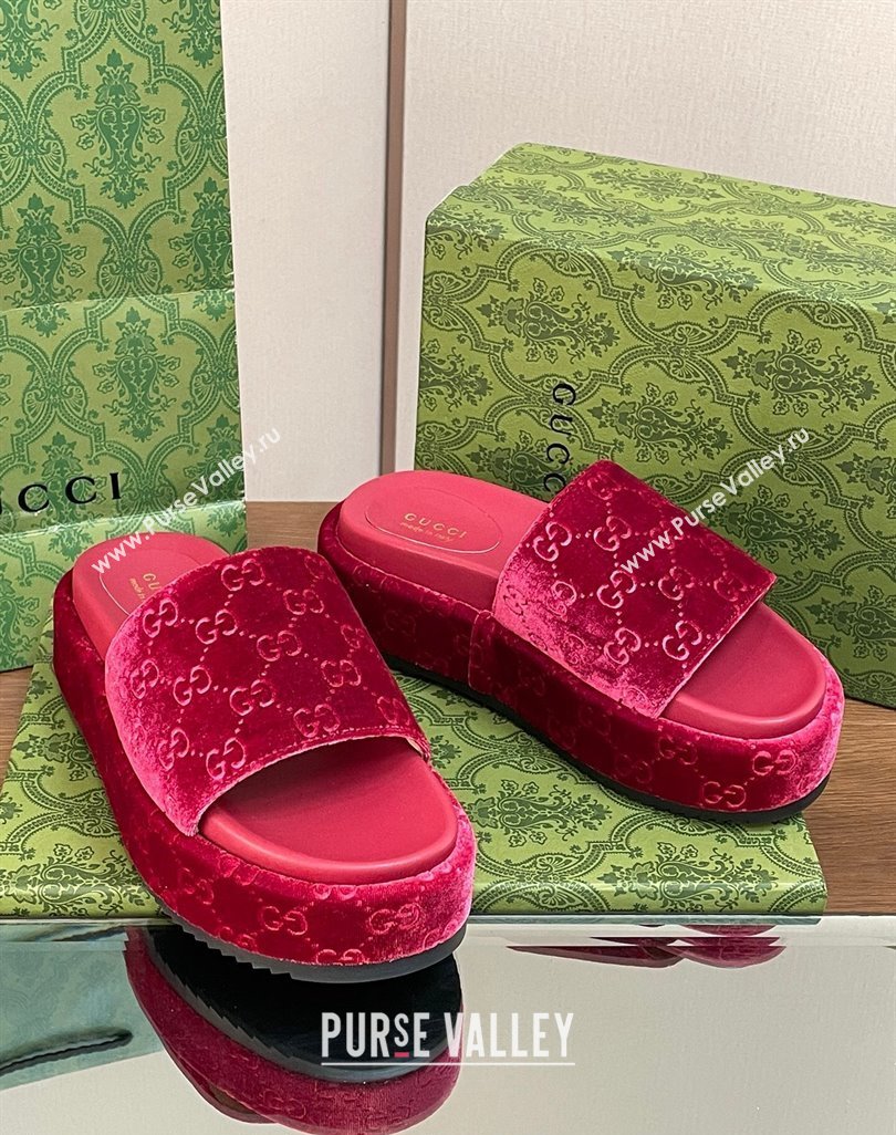 Gucci Platform Slide Sandals 5cm in GG Velvet Red 2024 0427 (MD-240427006)