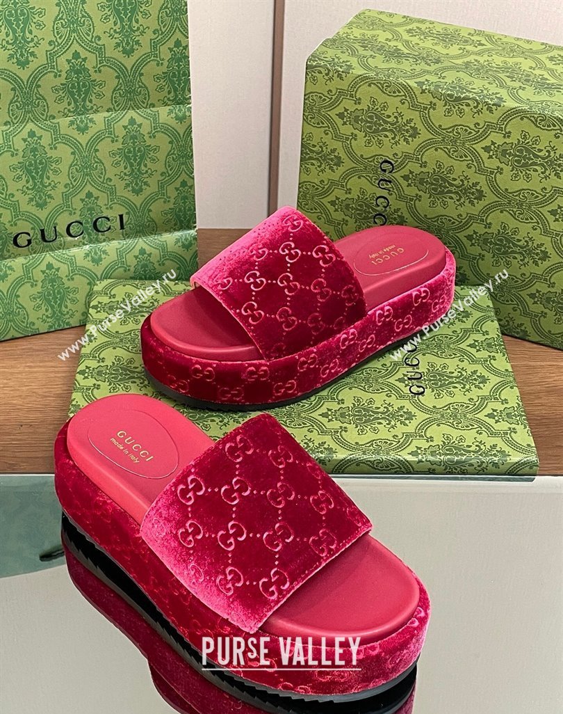 Gucci Platform Slide Sandals 5cm in GG Velvet Red 2024 0427 (MD-240427006)