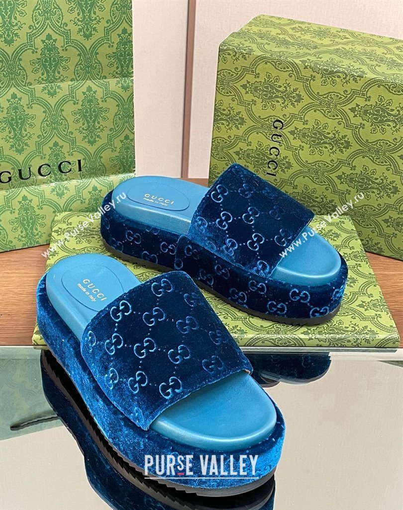 Gucci Platform Slide Sandals 5cm in GG Velvet Dark Blue 2024 0427 (MD-240427005)