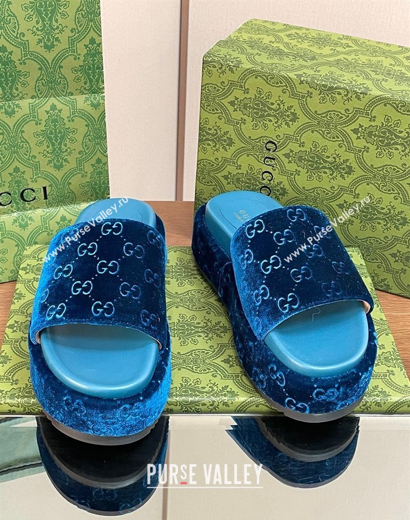 Gucci Platform Slide Sandals 5cm in GG Velvet Dark Blue 2024 0427 (MD-240427005)