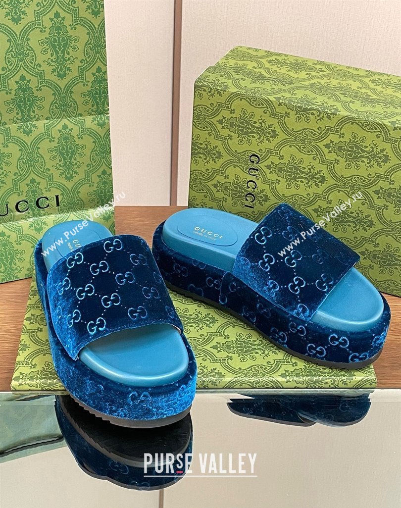 Gucci Platform Slide Sandals 5cm in GG Velvet Dark Blue 2024 0427 (MD-240427005)