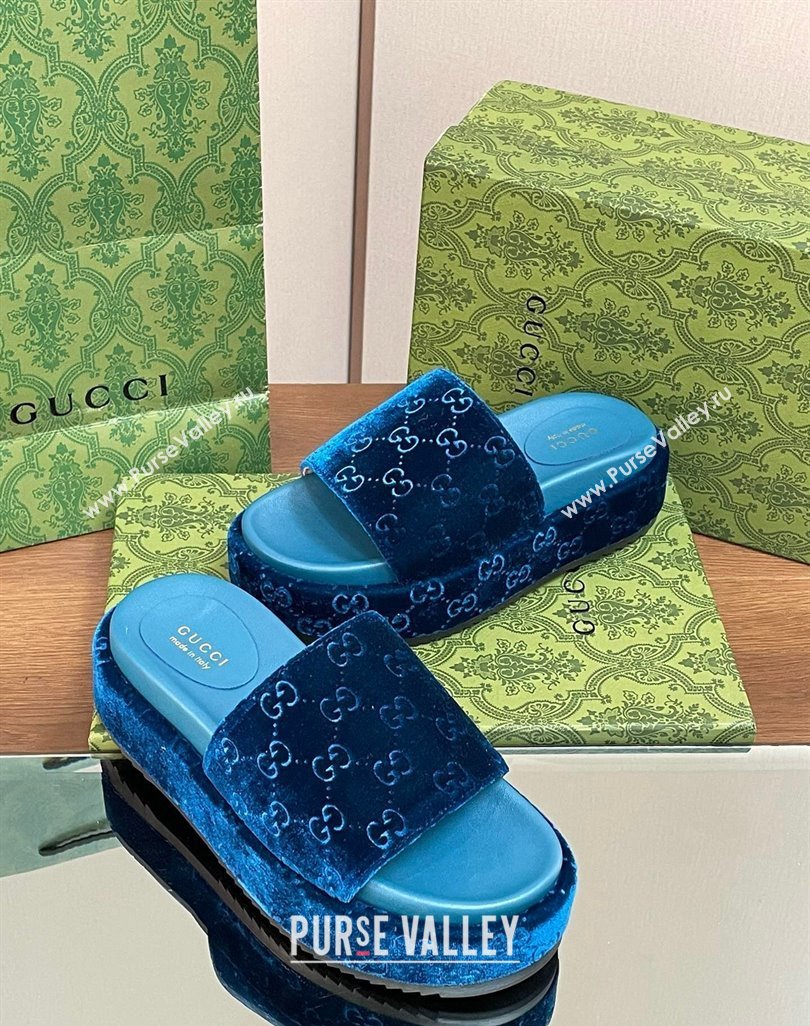 Gucci Platform Slide Sandals 5cm in GG Velvet Dark Blue 2024 0427 (MD-240427005)