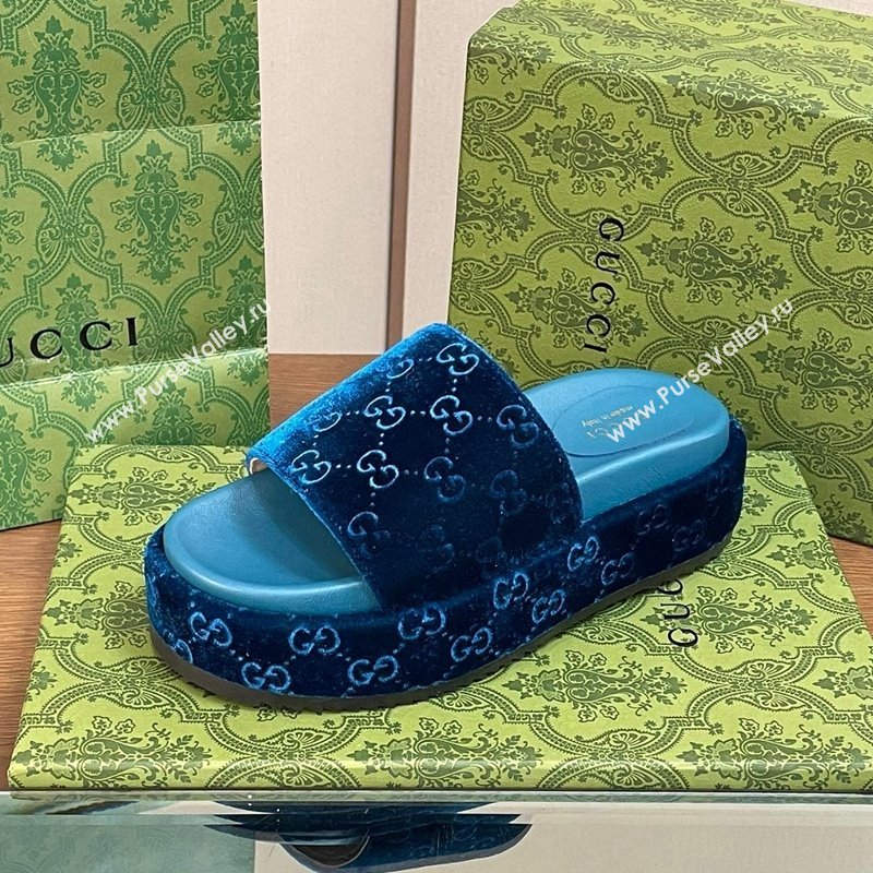 Gucci Platform Slide Sandals 5cm in GG Velvet Dark Blue 2024 0427 (MD-240427005)