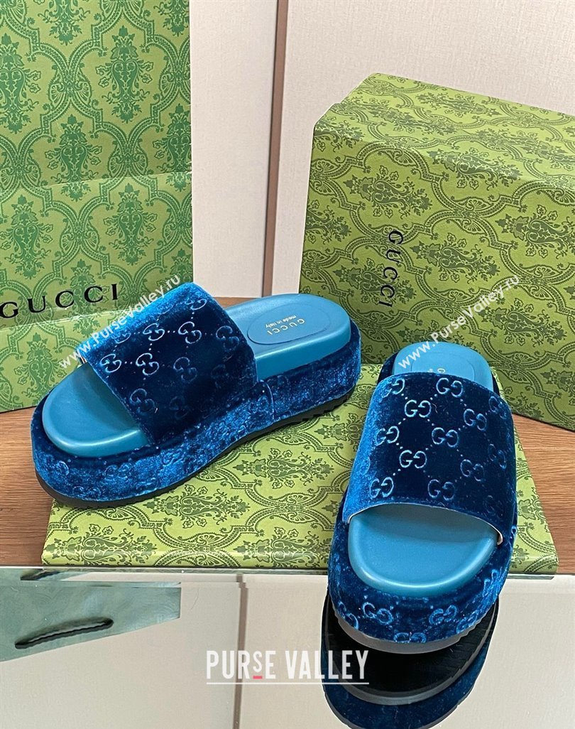 Gucci Platform Slide Sandals 5cm in GG Velvet Dark Blue 2024 0427 (MD-240427005)