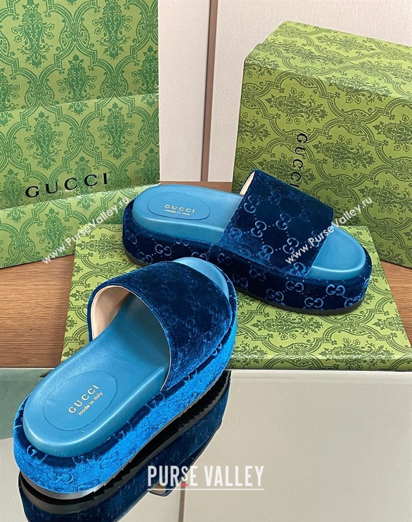 Gucci Platform Slide Sandals 5cm in GG Velvet Dark Blue 2024 0427 (MD-240427005)