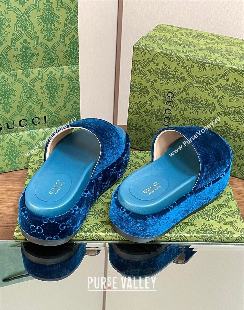 Gucci Platform Slide Sandals 5cm in GG Velvet Dark Blue 2024 0427 (MD-240427005)
