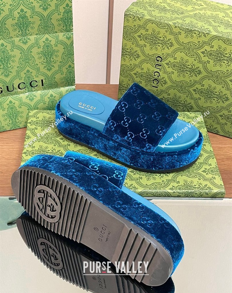 Gucci Platform Slide Sandals 5cm in GG Velvet Dark Blue 2024 0427 (MD-240427005)