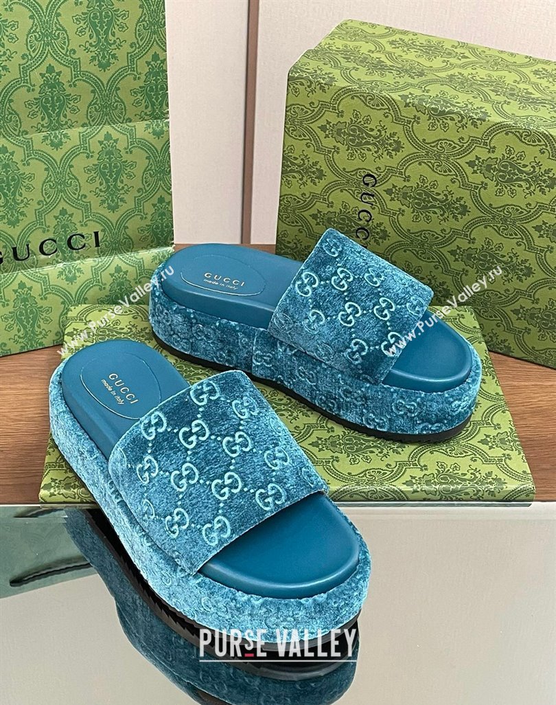 Gucci Platform Slide Sandals 5cm in GG Velvet Light Blue 2024 0427 (MD-240427007)
